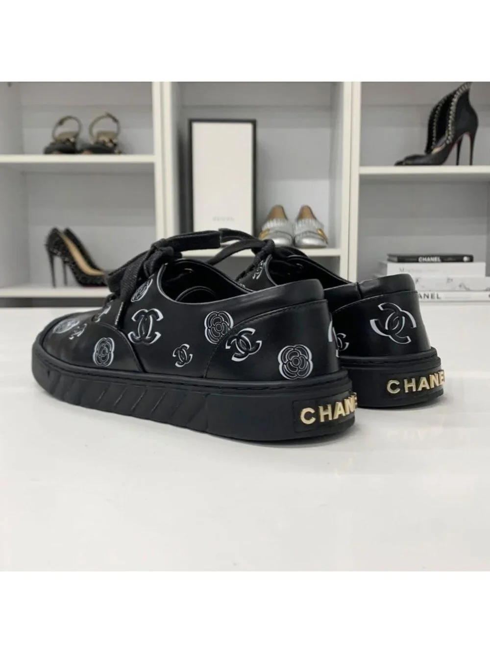 Chanel CC Logo Camellia Leather Fabric Sneakers Black